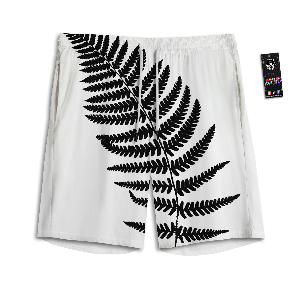 Fern Leaf White And Black Print Men's Athletic Shorts