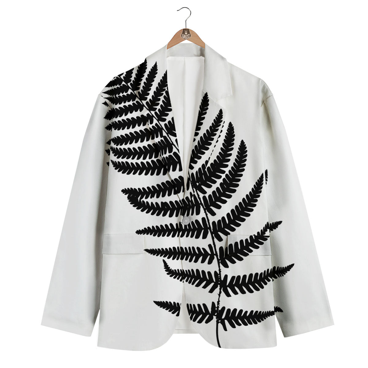 Fern Leaf White And Black Print Men's Blazer-grizzshop