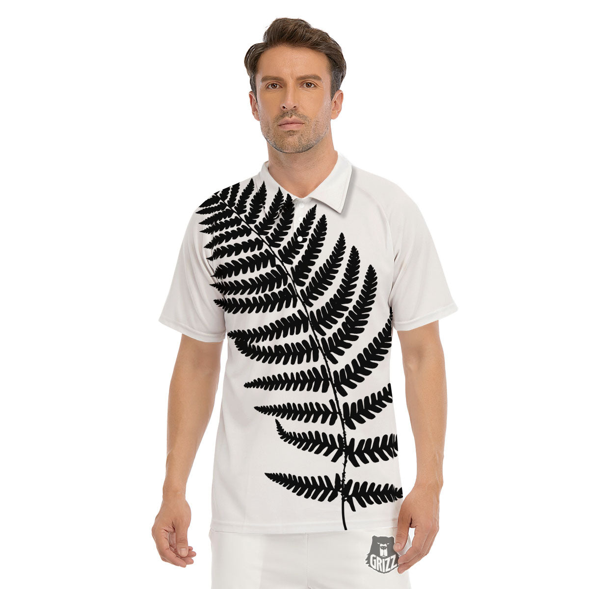 Fern Leaf White And Black Print Men's Golf Shirts-grizzshop
