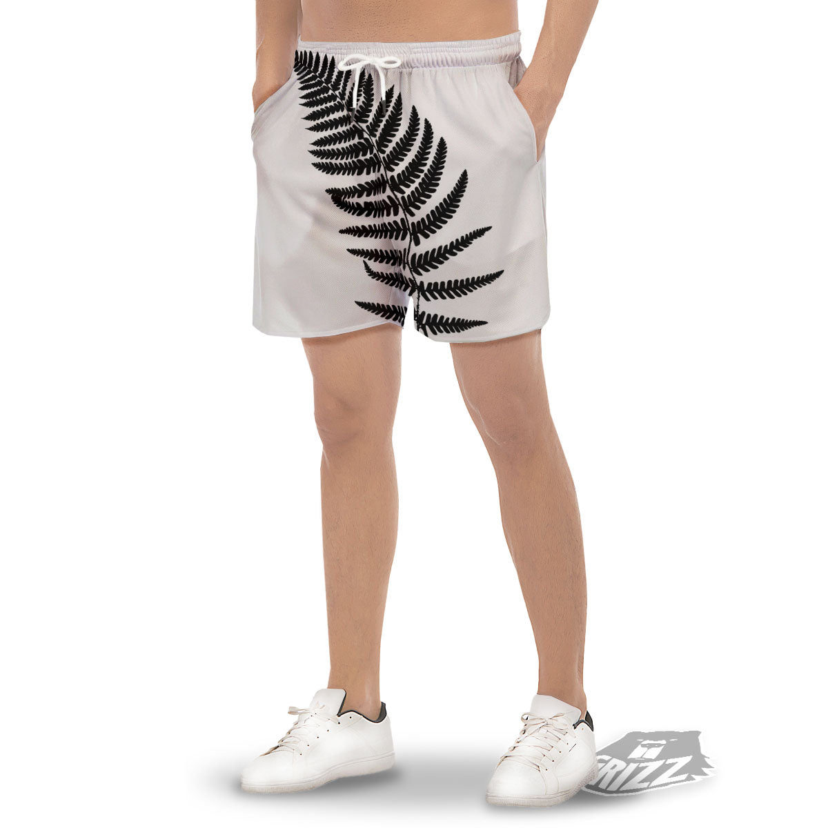 Fern Leaf White And Black Print Men's Gym Shorts-grizzshop