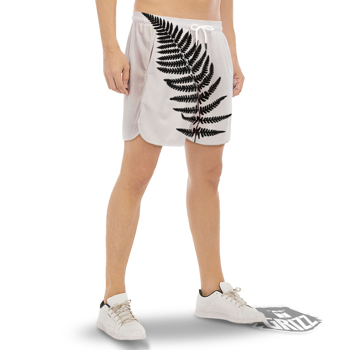 Fern Leaf White And Black Print Men's Gym Shorts-grizzshop