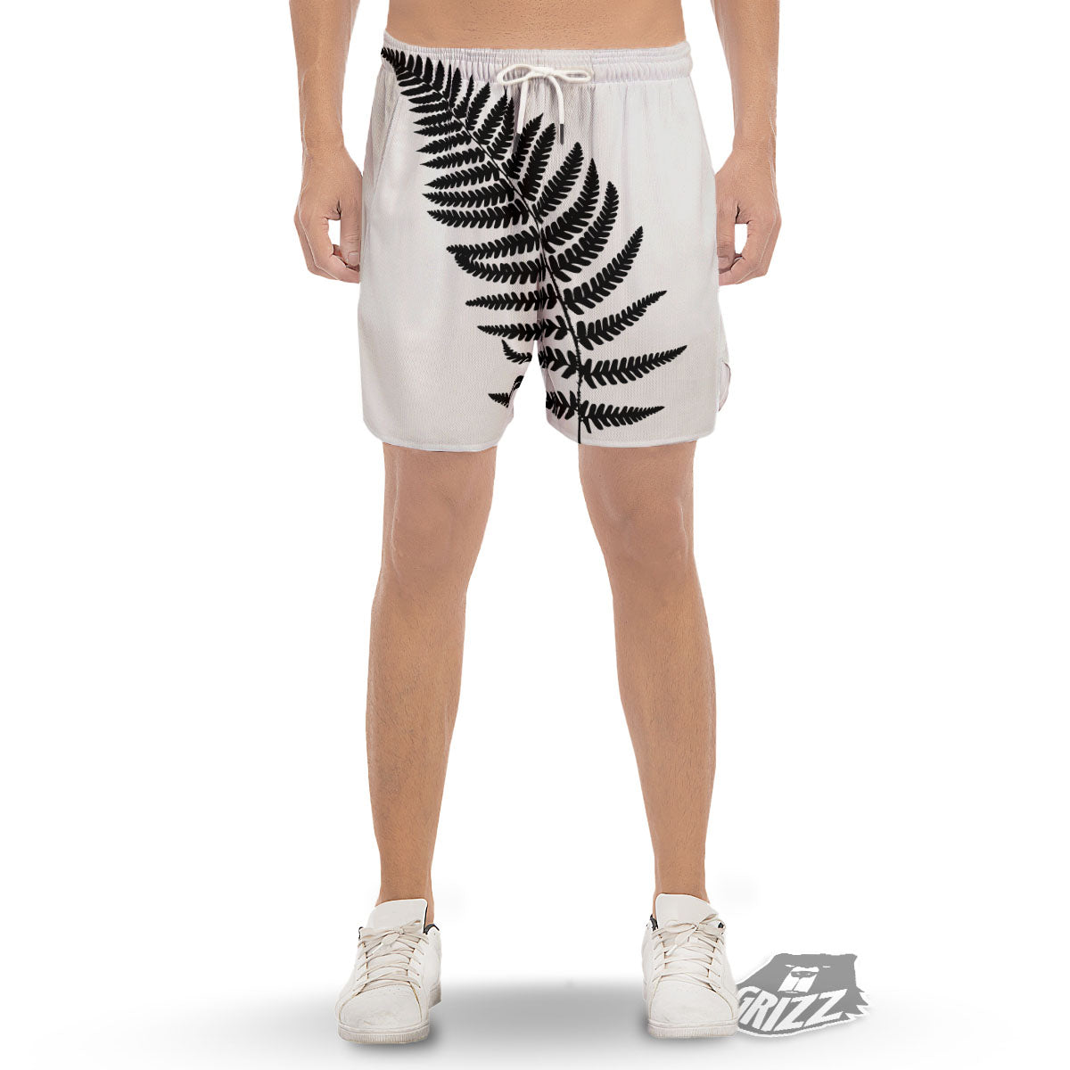 Fern Leaf White And Black Print Men's Gym Shorts-grizzshop