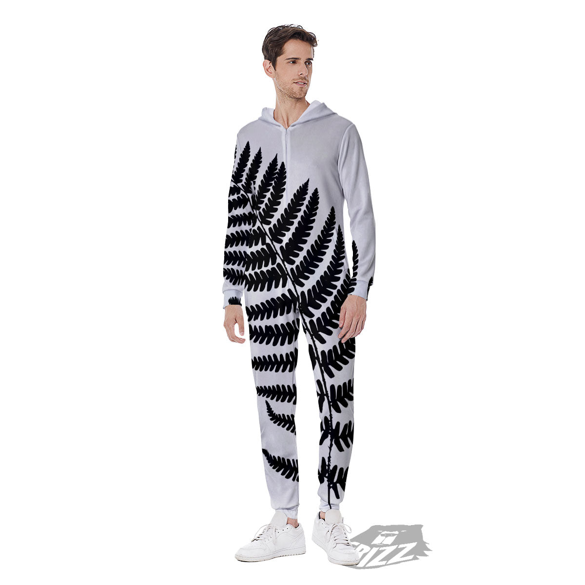 Fern Leaf White And Black Print Men's Jumpsuit-grizzshop
