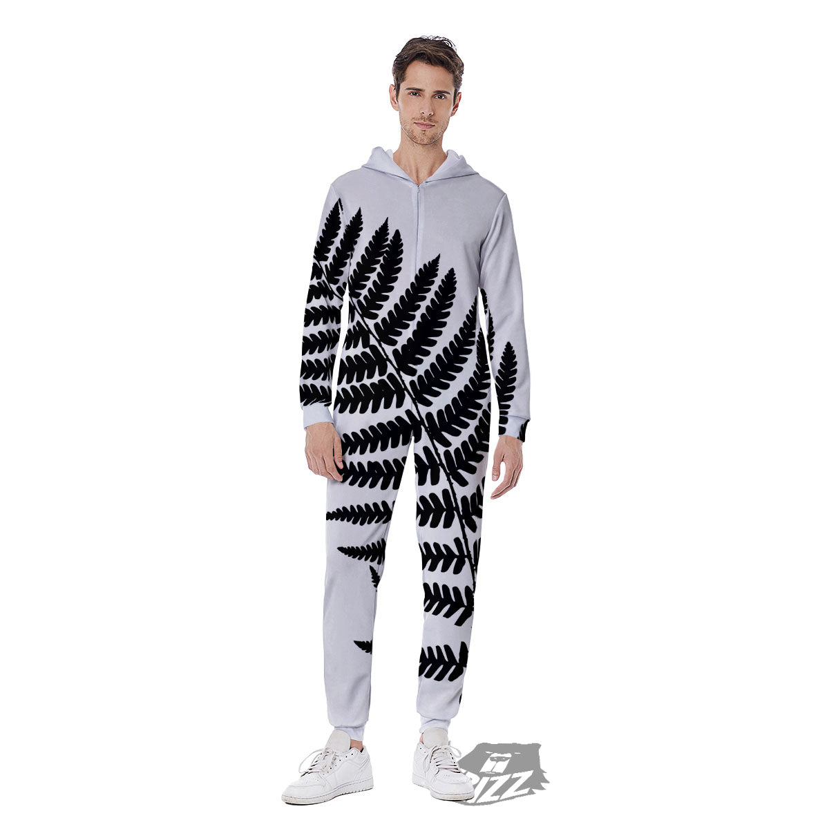 Fern Leaf White And Black Print Men's Jumpsuit-grizzshop