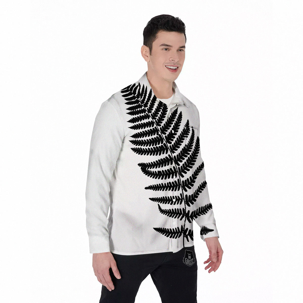 Fern Leaf White And Black Print Men's Long Sleeve Shirts-grizzshop