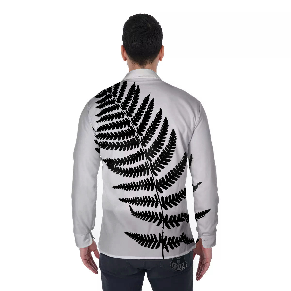 Fern Leaf White And Black Print Men's Long Sleeve Shirts-grizzshop
