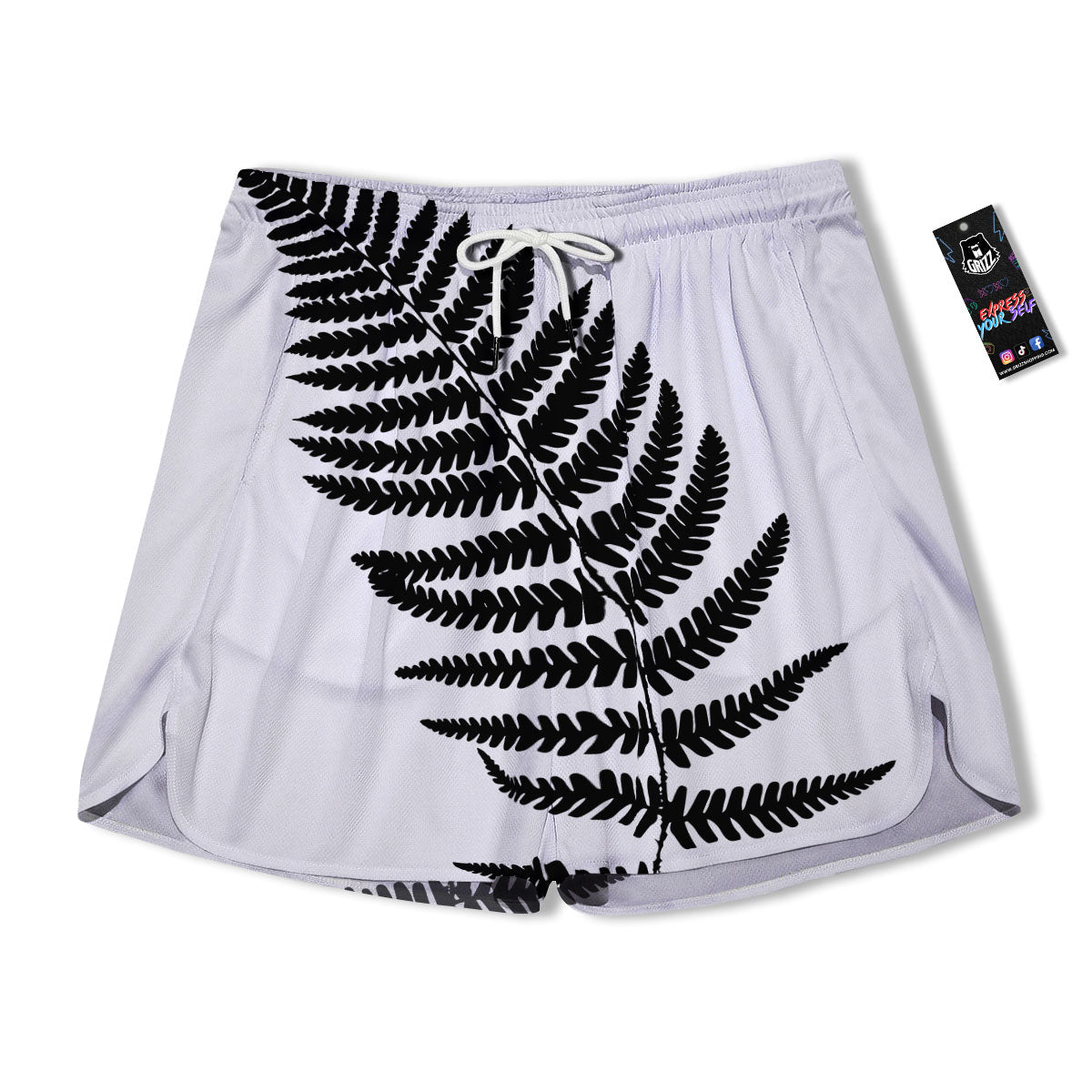 Fern Leaf White And Black Print Men's Running Shorts-grizzshop