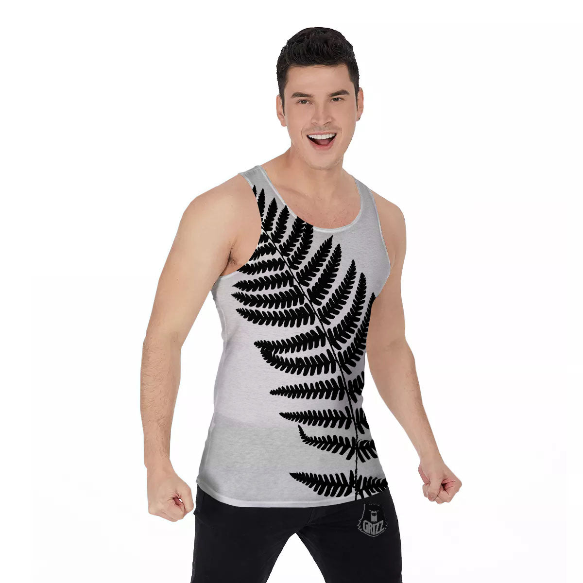 Fern Leaf White And Black Print Men's Tank Top-grizzshop
