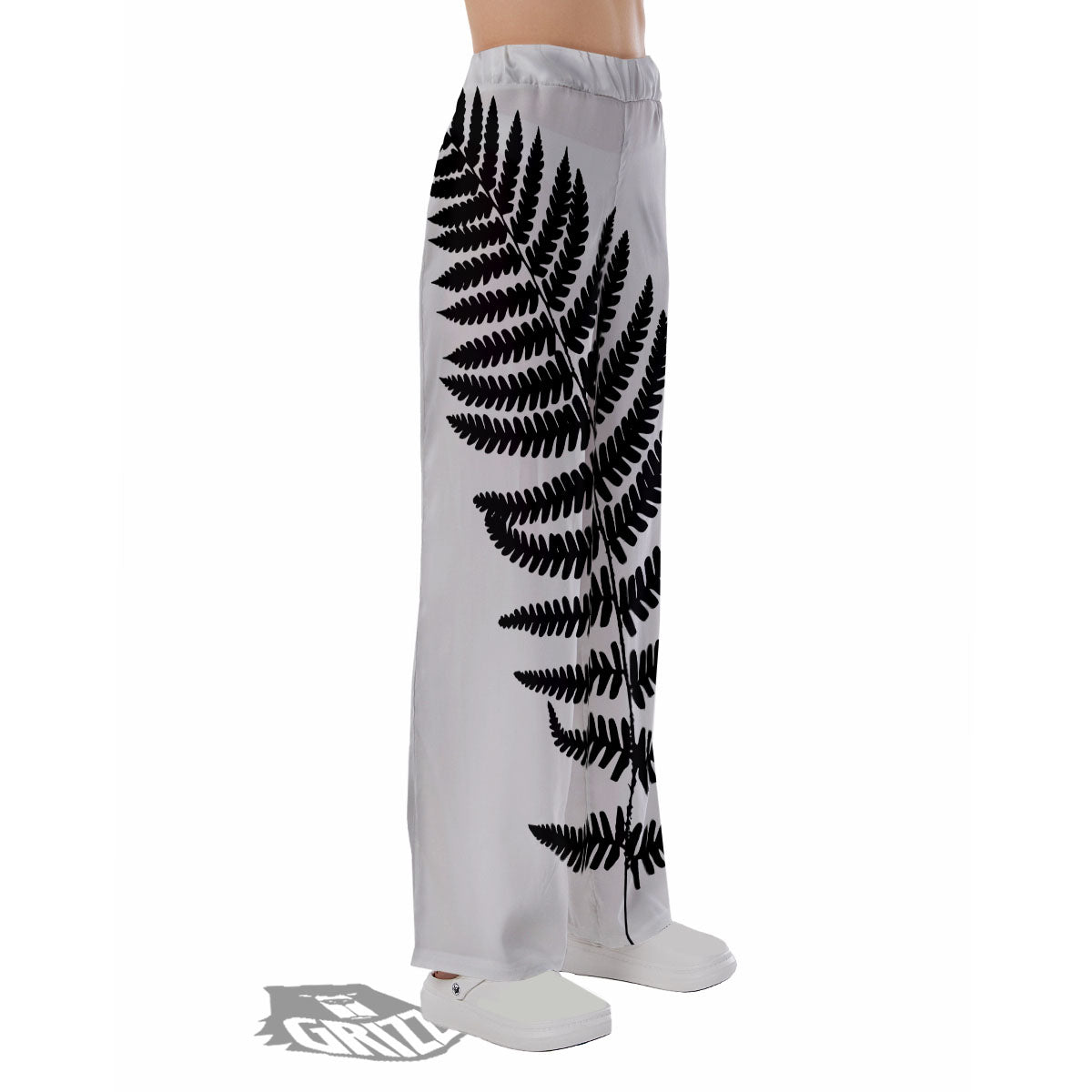 Fern Leaf White And Black Print Pajama Pants-grizzshop