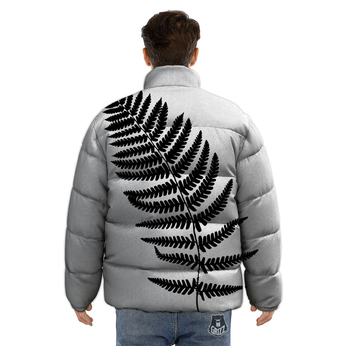 Fern Leaf White And Black Print Puffer Jacket-grizzshop