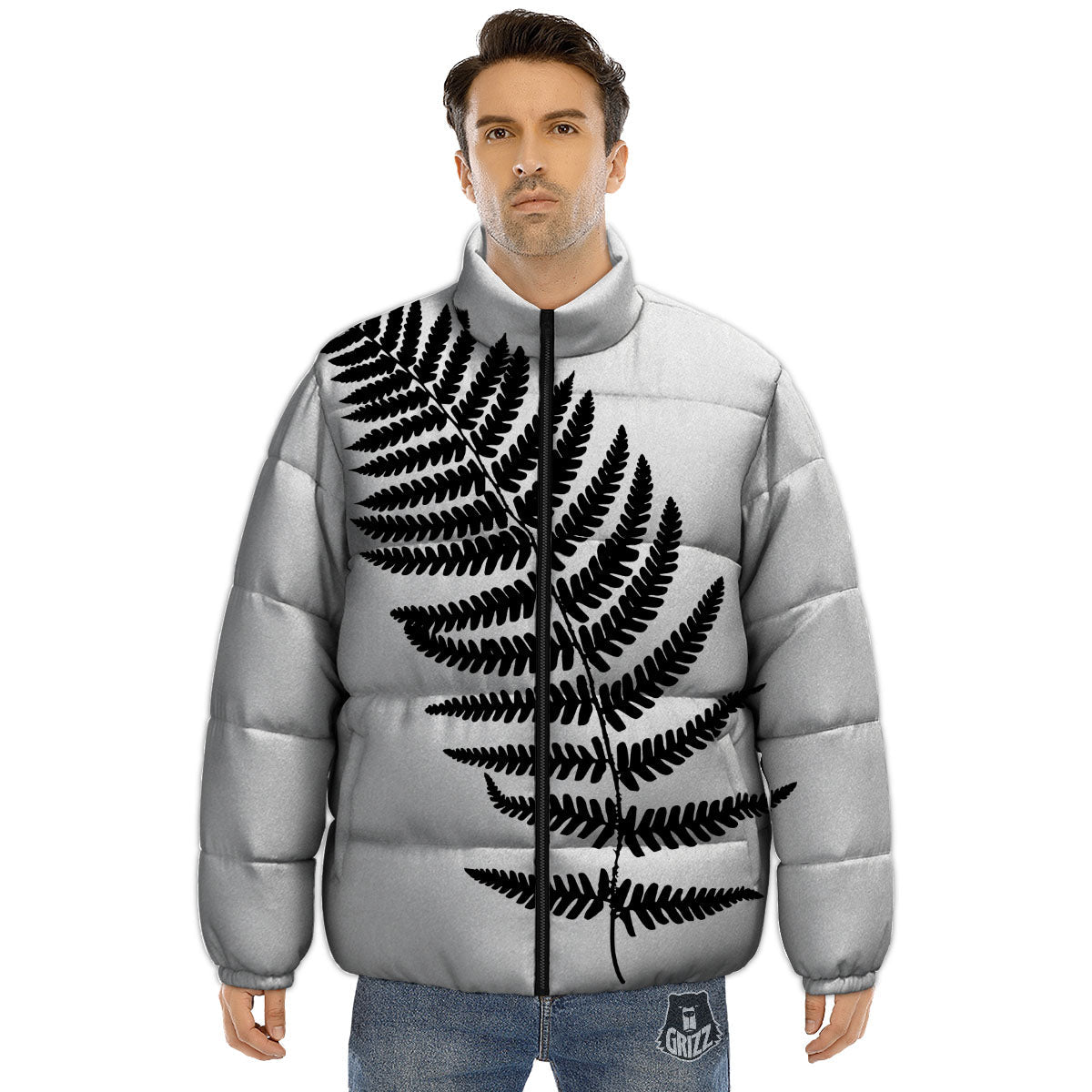 Fern Leaf White And Black Print Puffer Jacket-grizzshop
