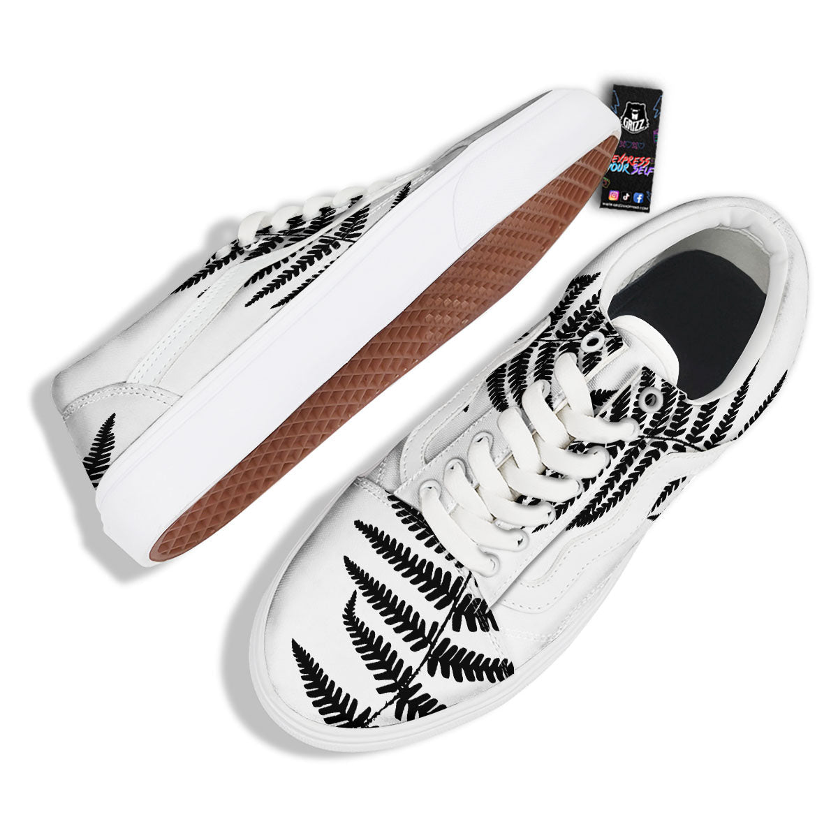 Fern Leaf White And Black Print Skate Shoes-grizzshop