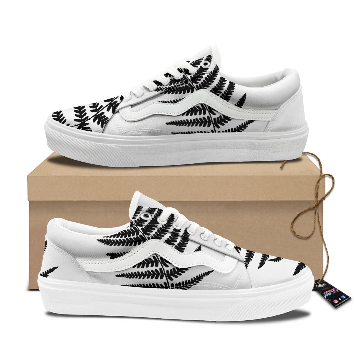 Fern Leaf White And Black Print Skate Shoes-grizzshop