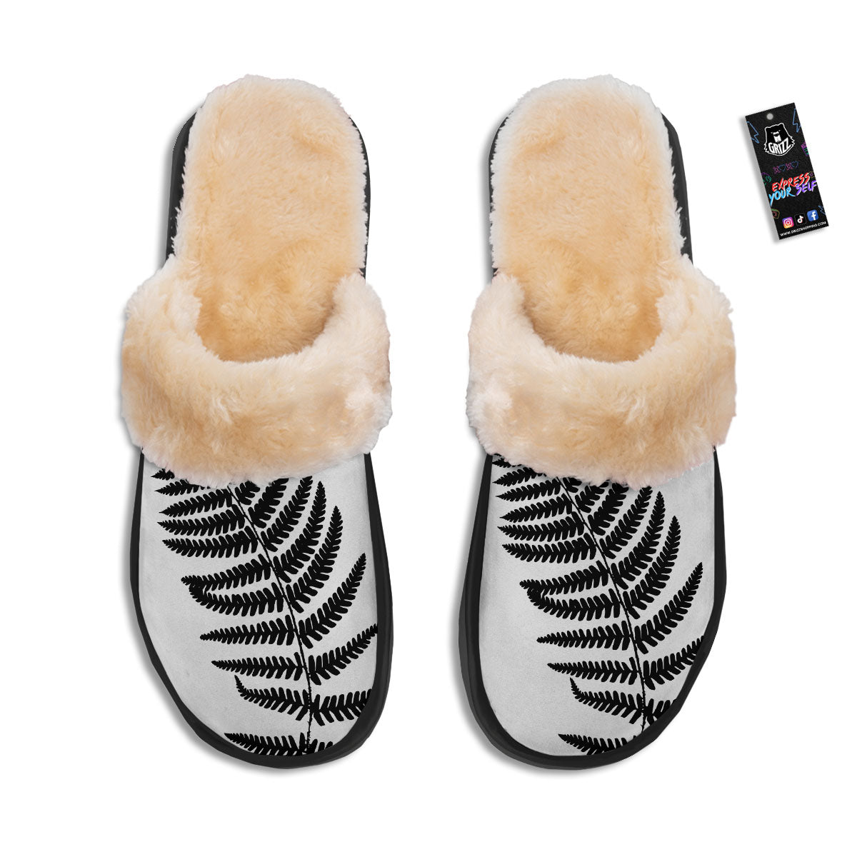 Fern Leaf White And Black Print Slippers-grizzshop