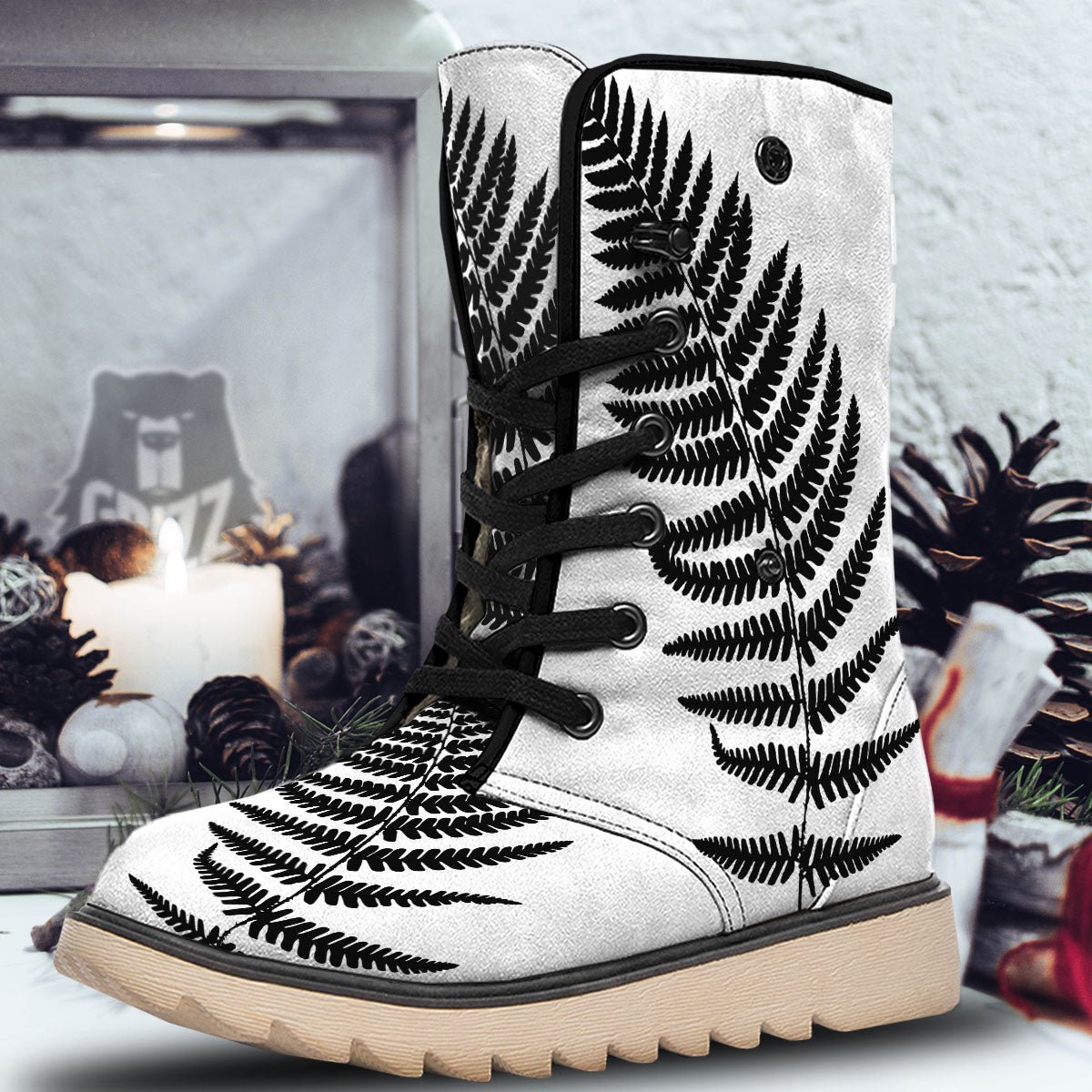 Fern Leaf White And Black Print Snow Boots-grizzshop