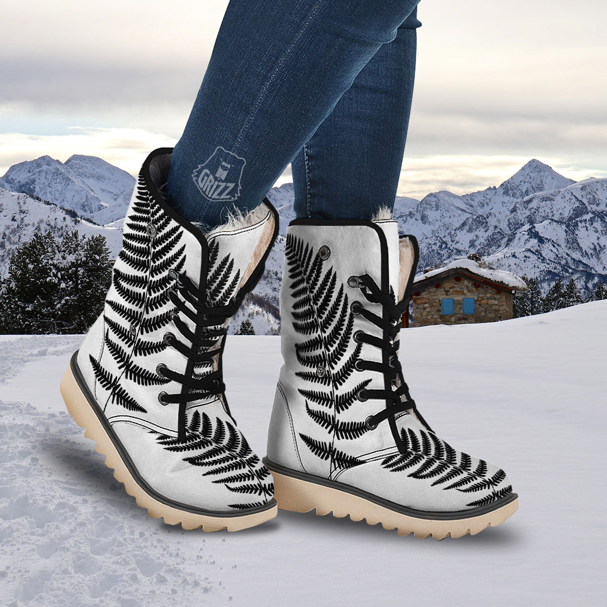 Fern Leaf White And Black Print Snow Boots-grizzshop