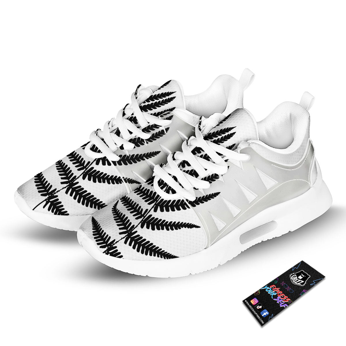 Fern Leaf White And Black Print Tennis Shoes-grizzshop