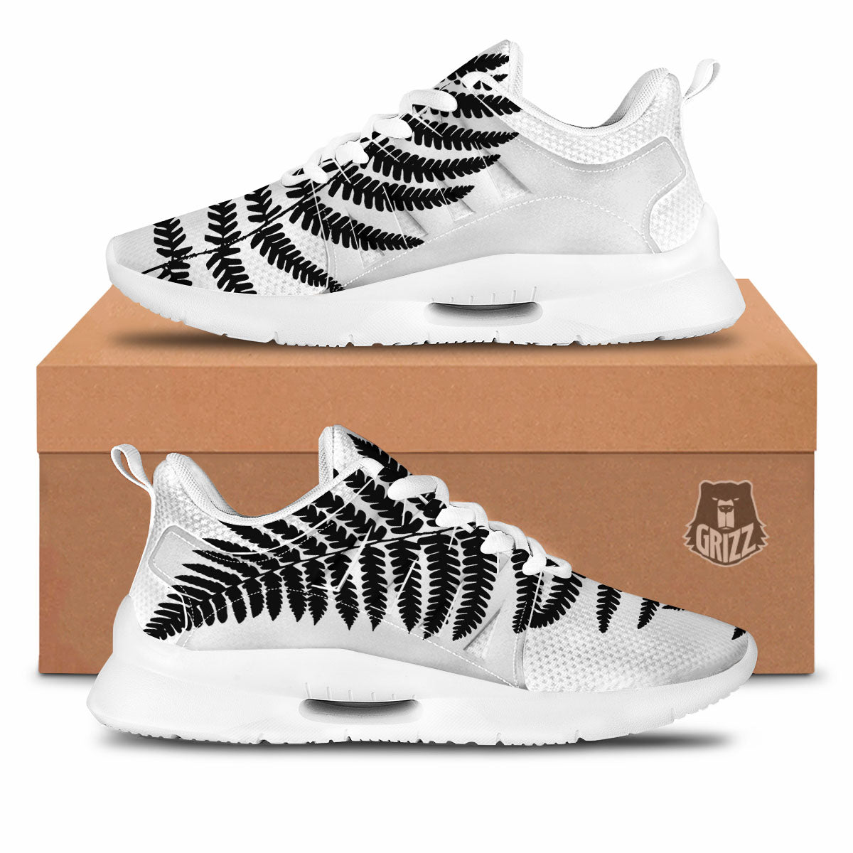 Fern Leaf White And Black Print Tennis Shoes-grizzshop