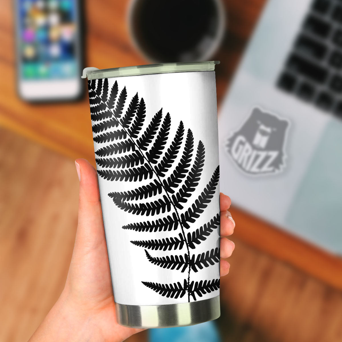Fern Leaf White And Black Print Tumbler-grizzshop