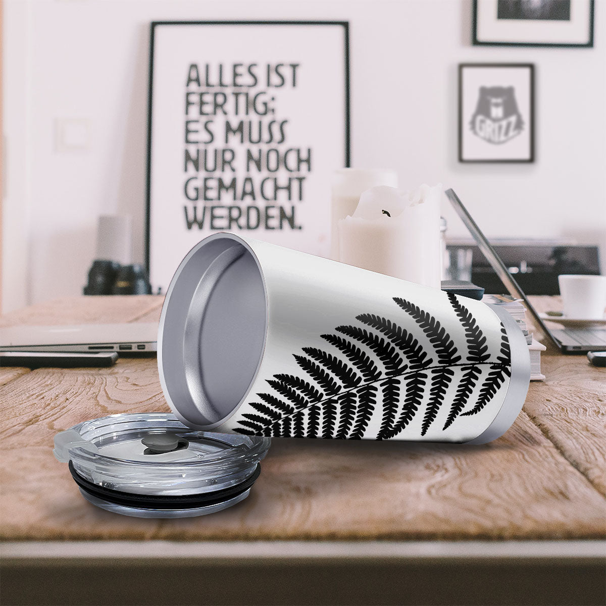 Fern Leaf White And Black Print Tumbler-grizzshop