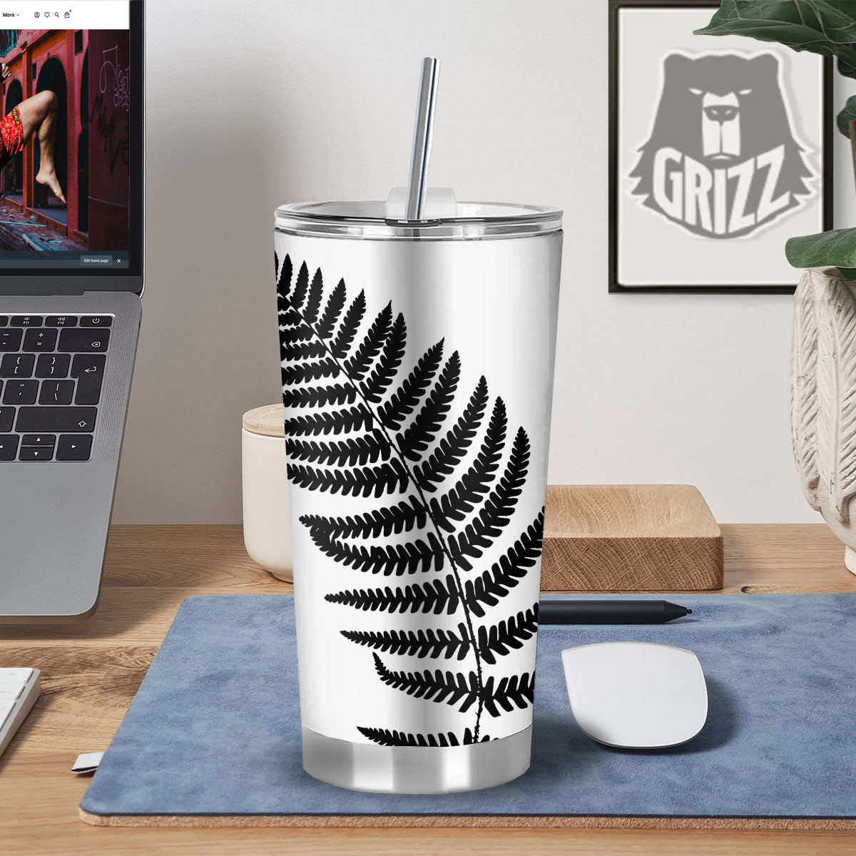 Fern Leaf White And Black Print Tumbler-grizzshop