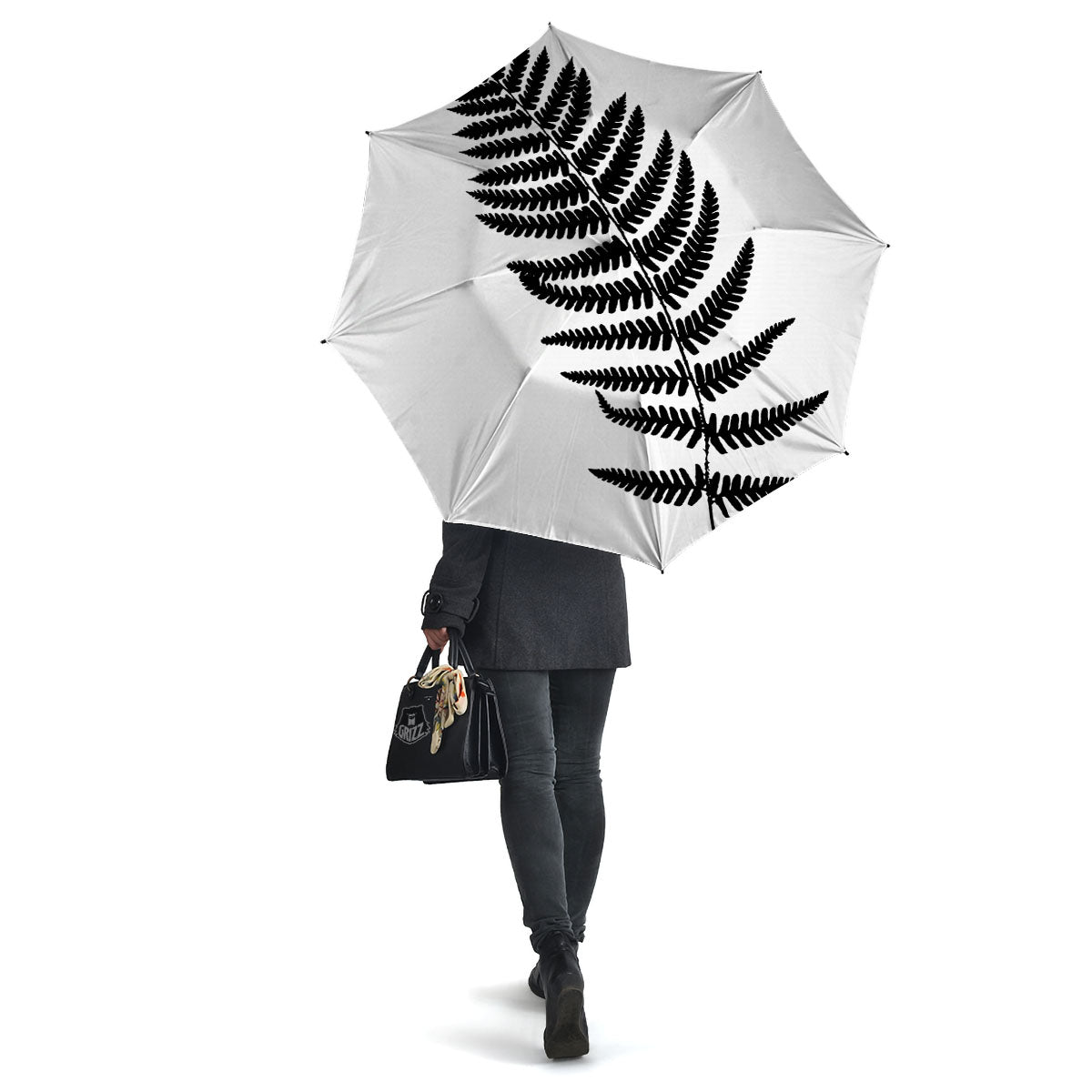 Fern Leaf White And Black Print Umbrella-grizzshop