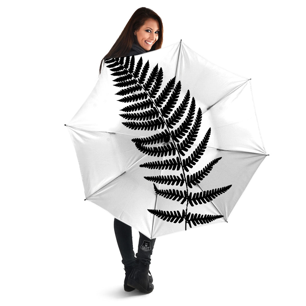 Fern Leaf White And Black Print Umbrella-grizzshop
