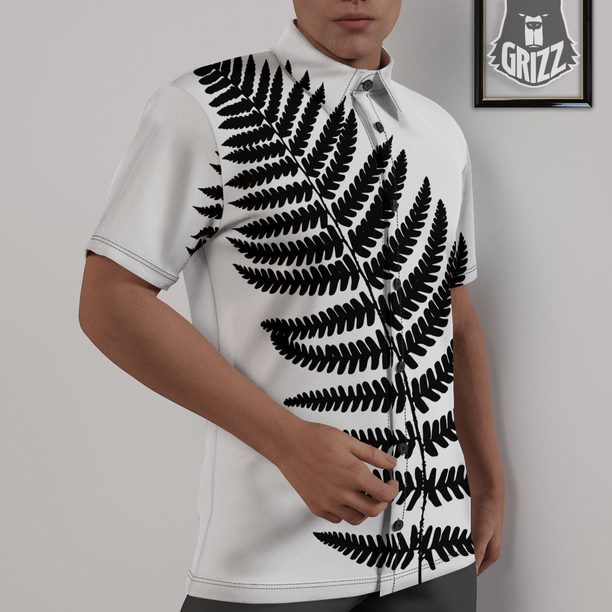 Fern Leaf White And Black Print Untucked Shirts-grizzshop