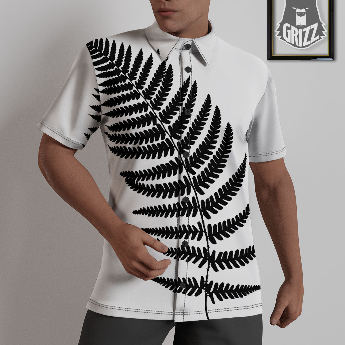 Fern Leaf White And Black Print Untucked Shirts-grizzshop