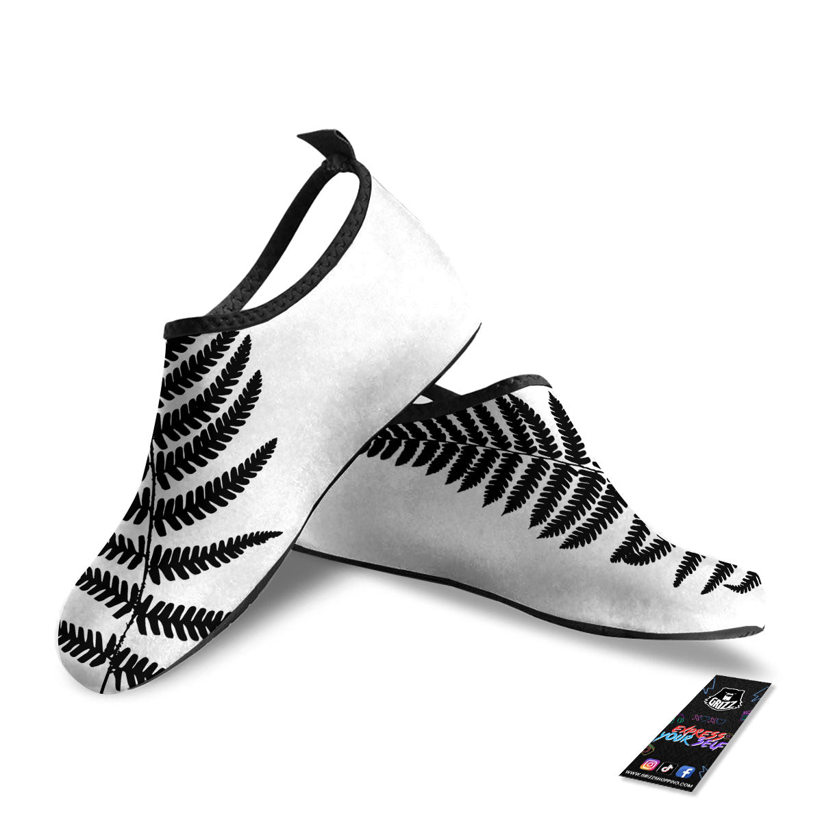 Fern Leaf White And Black Print Water Shoes-grizzshop