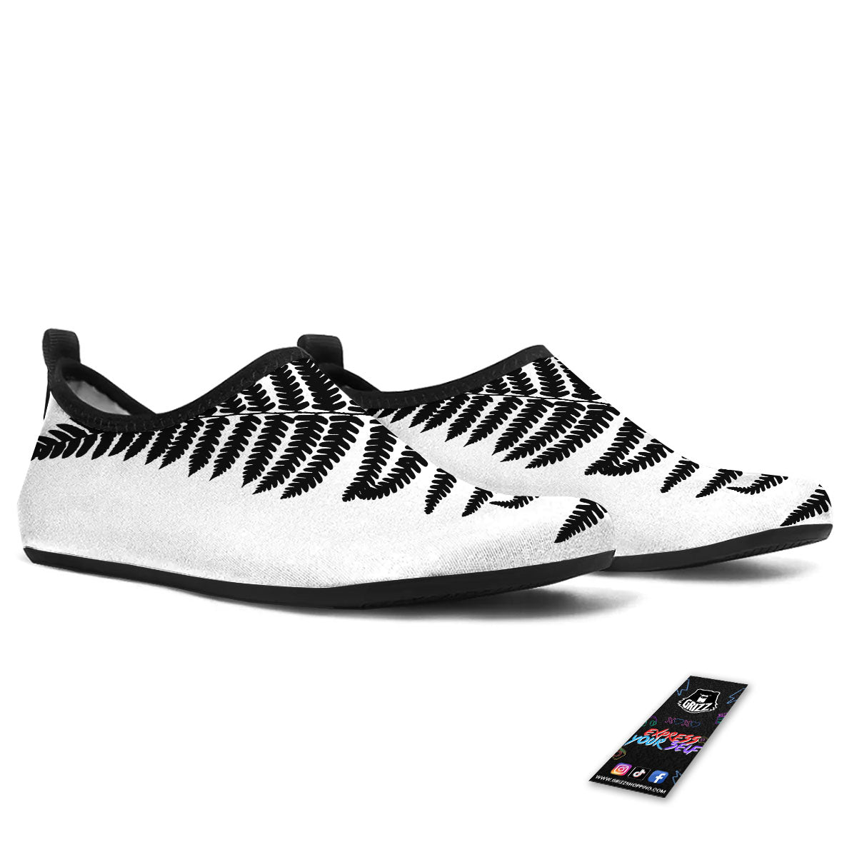 Fern Leaf White And Black Print Water Shoes-grizzshop
