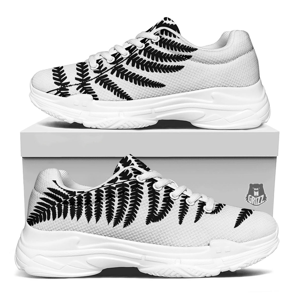 Fern Leaf White And Black Print White Chunky Shoes-grizzshop