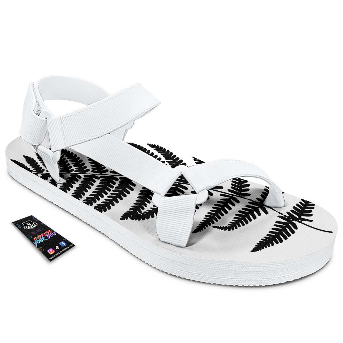 Fern Leaf White And Black Print White Open Toe Sandals-grizzshop