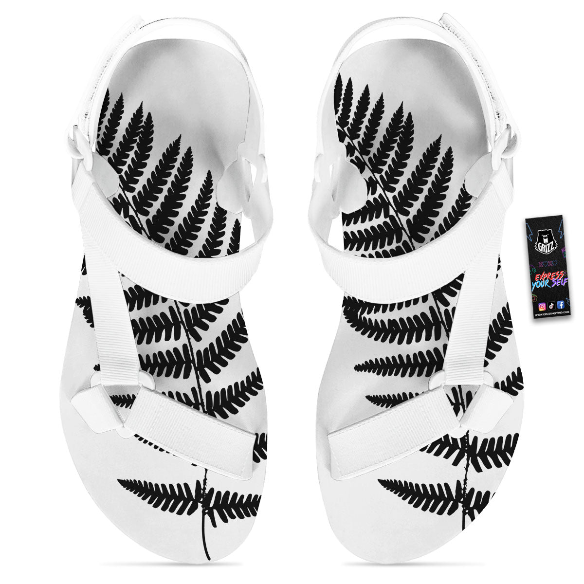 Fern Leaf White And Black Print White Open Toe Sandals-grizzshop