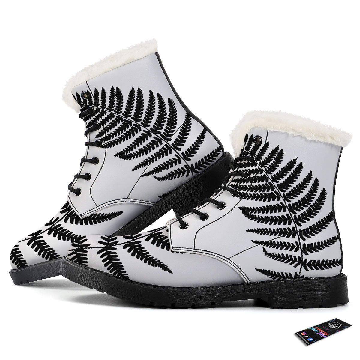 Fern Leaf White And Black Print Winter Boots-grizzshop