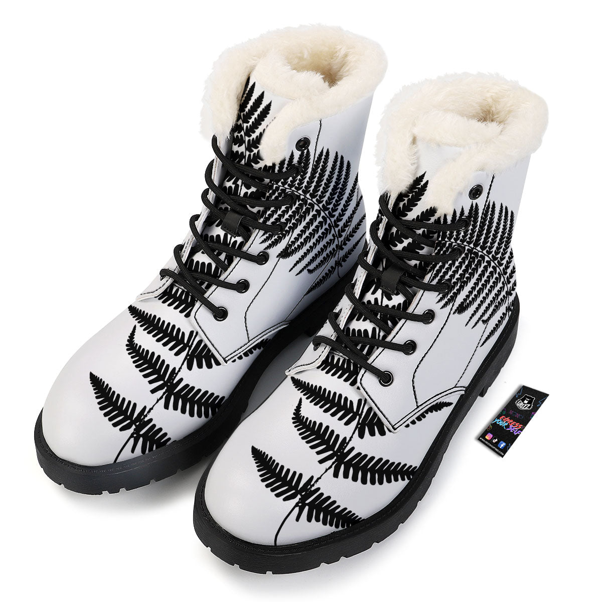 Fern Leaf White And Black Print Winter Boots-grizzshop