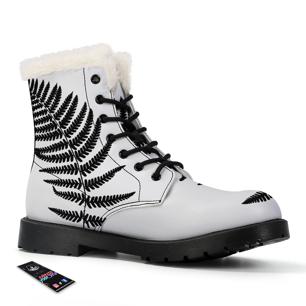 Fern Leaf White And Black Print Winter Boots-grizzshop