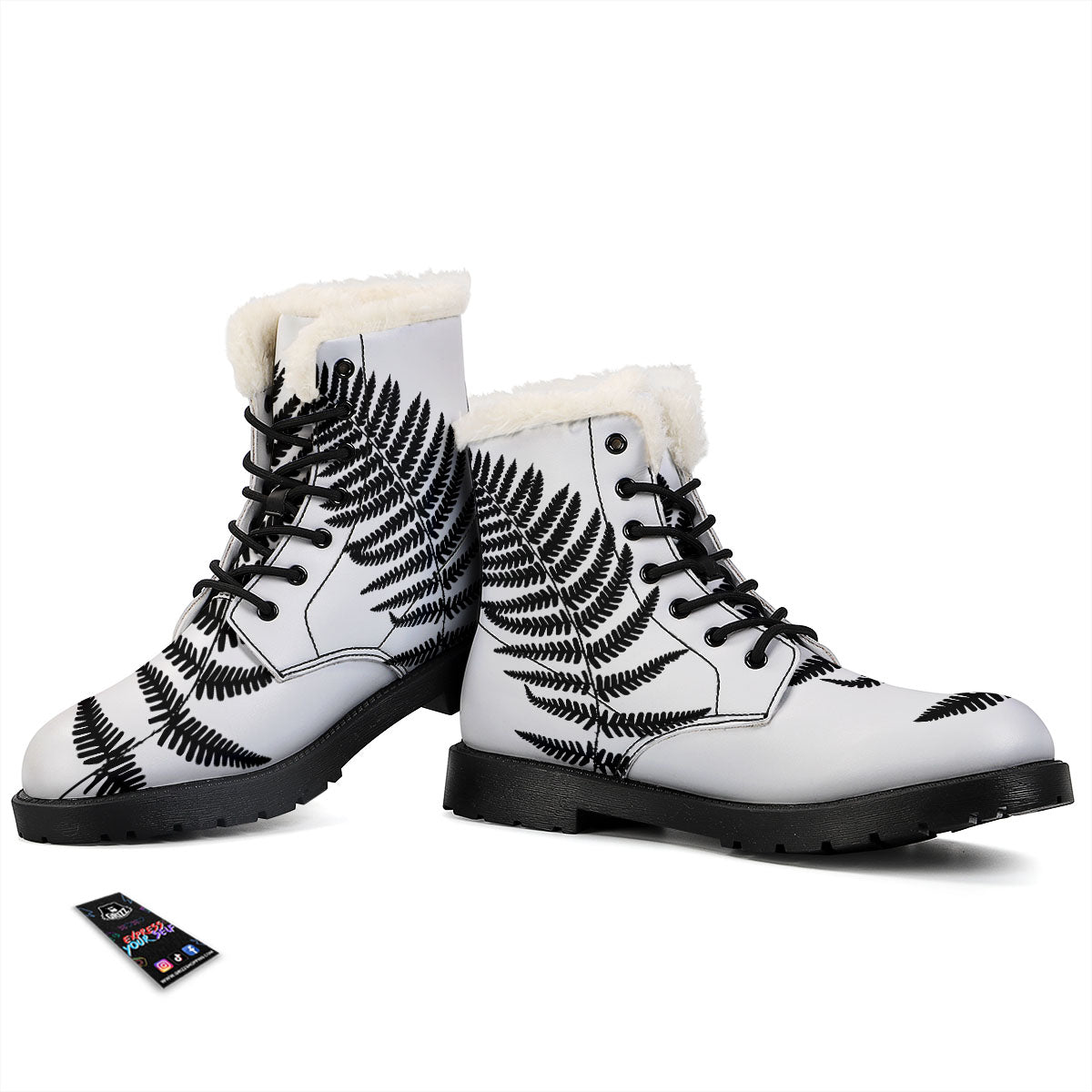 Fern Leaf White And Black Print Winter Boots-grizzshop