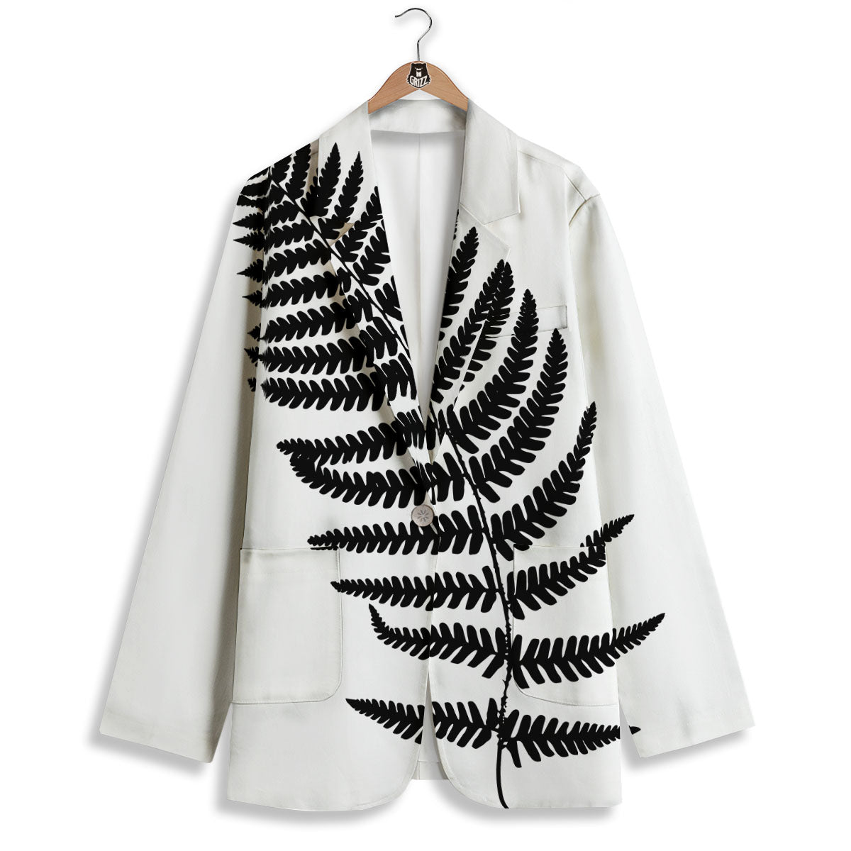 Fern Leaf White And Black Print Women's Blazer-grizzshop
