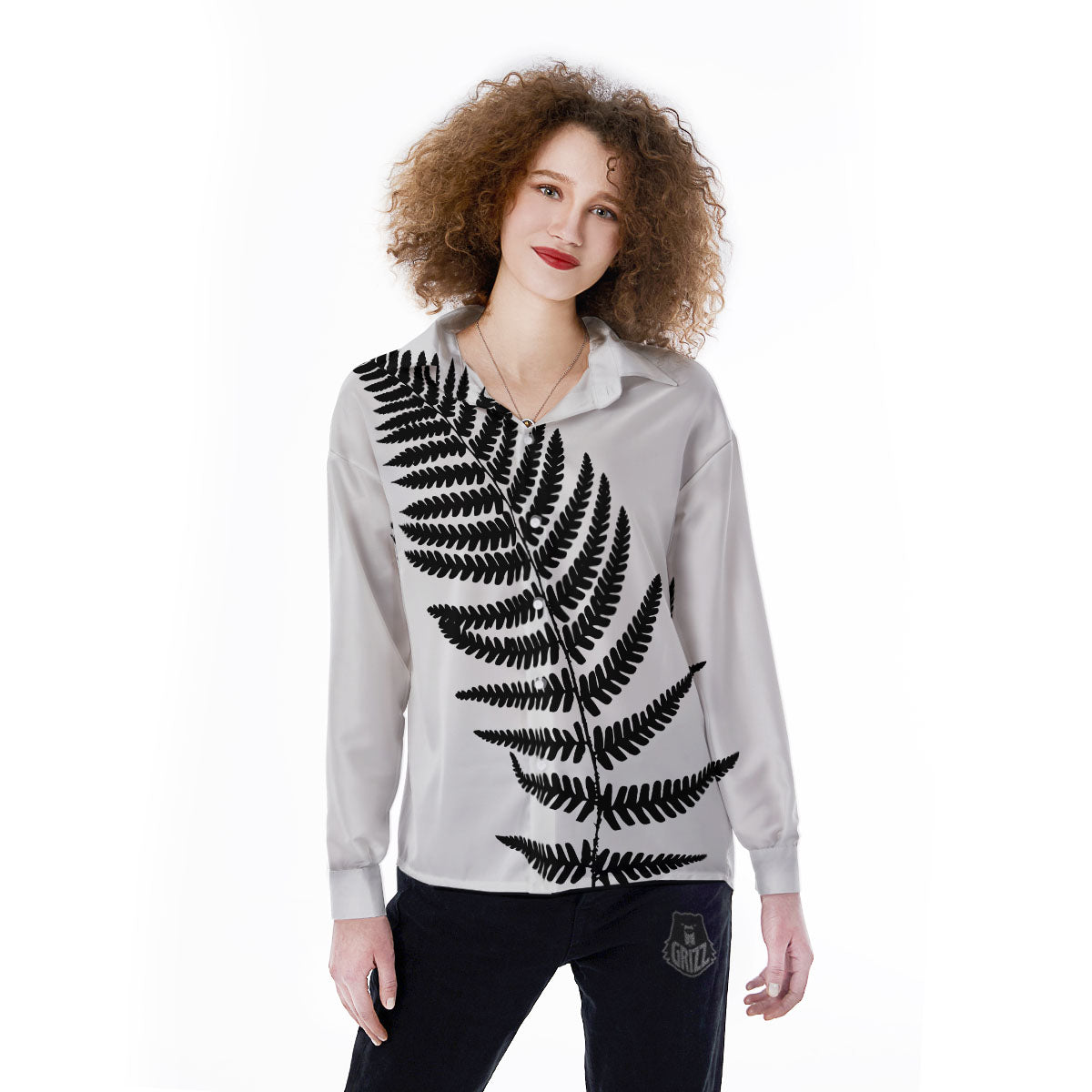 Fern Leaf White And Black Print Women's Long Sleeve Shirts-grizzshop