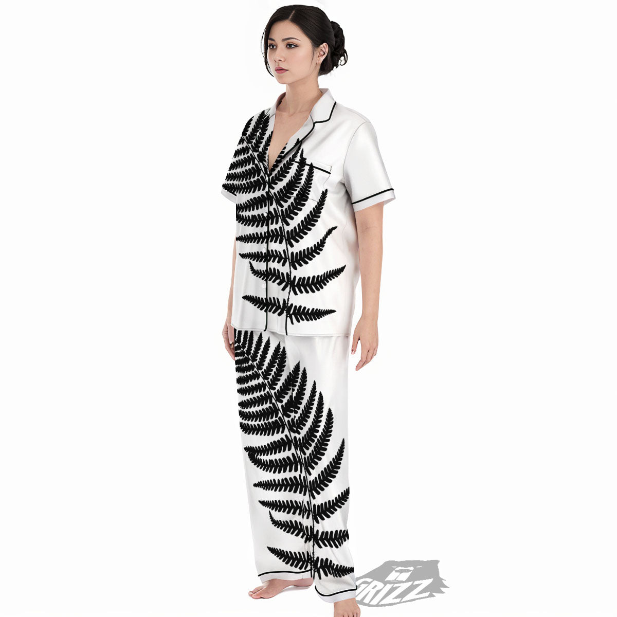 Fern Leaf White And Black Print Women's Pajamas Set-grizzshop