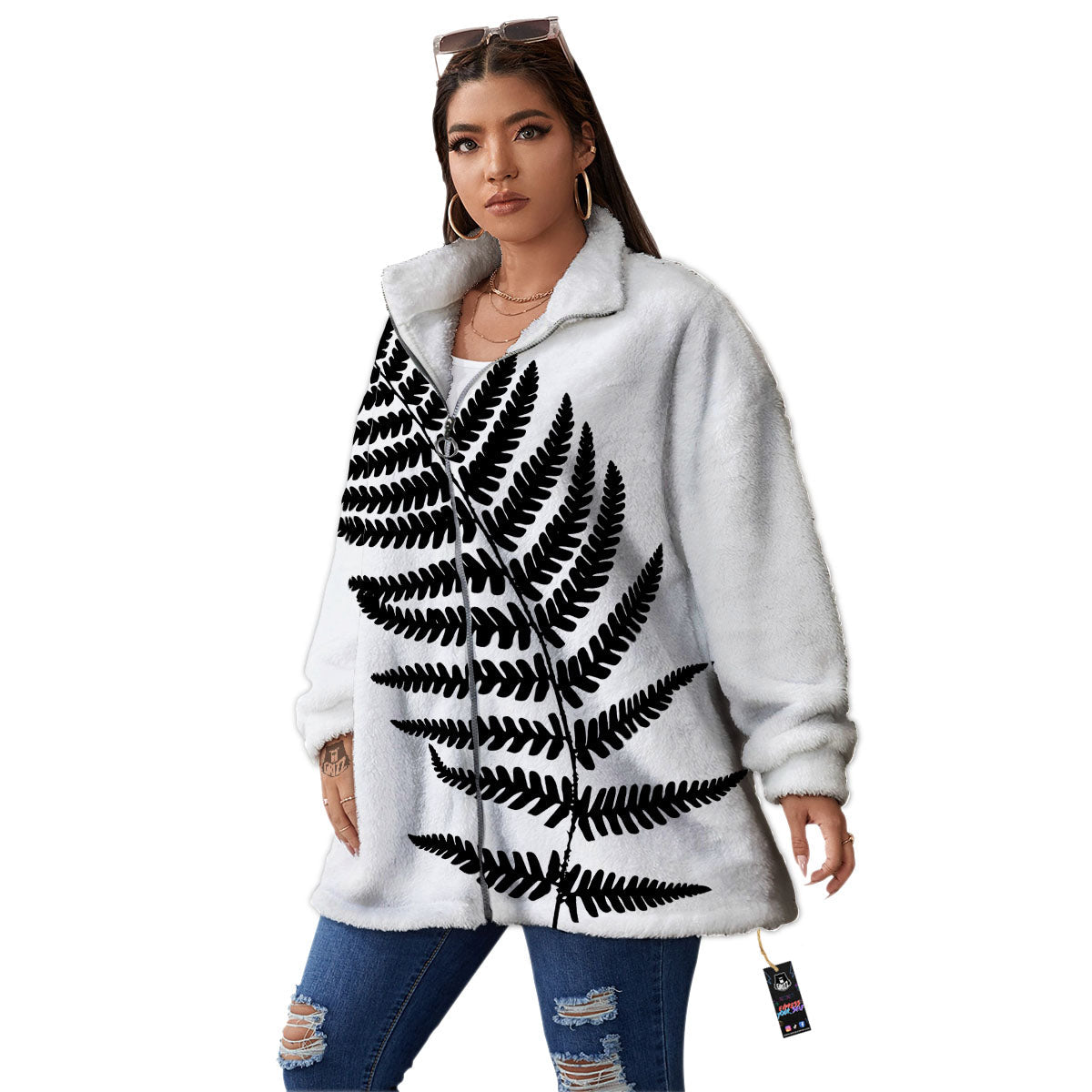 Fern Leaf White And Black Print Women's Sherpa Jacket-grizzshop