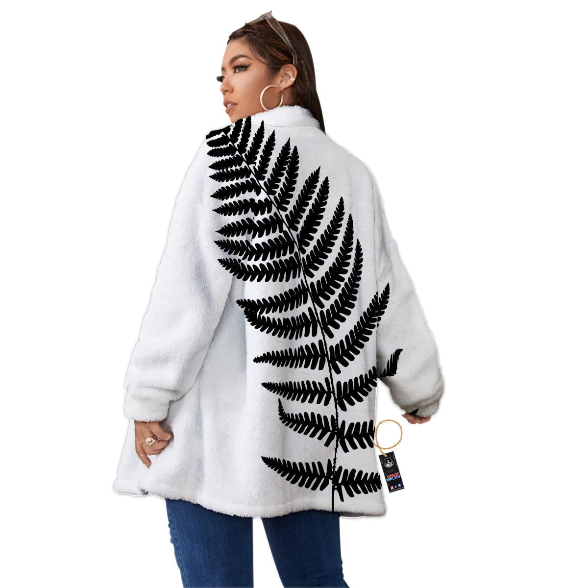 Fern Leaf White And Black Print Women's Sherpa Jacket-grizzshop