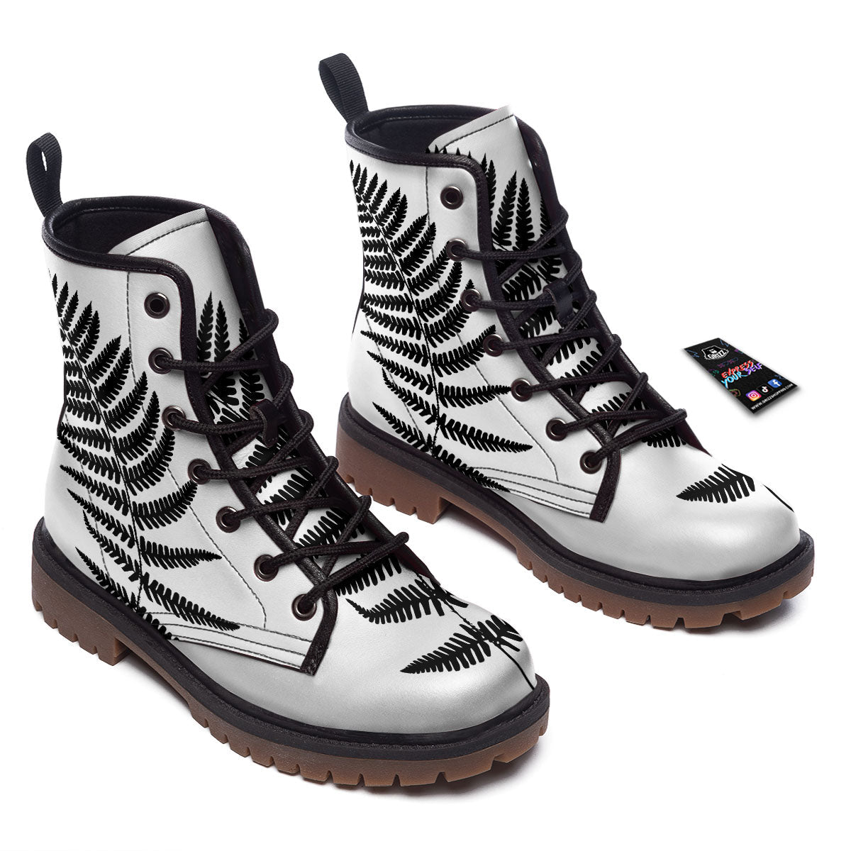 Fern Leaf White And Black Print Work Boots-grizzshop