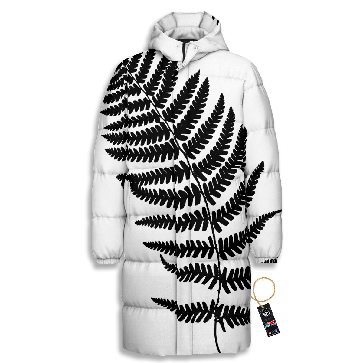 Fern Leaf White And Black Print Long Down Jacket