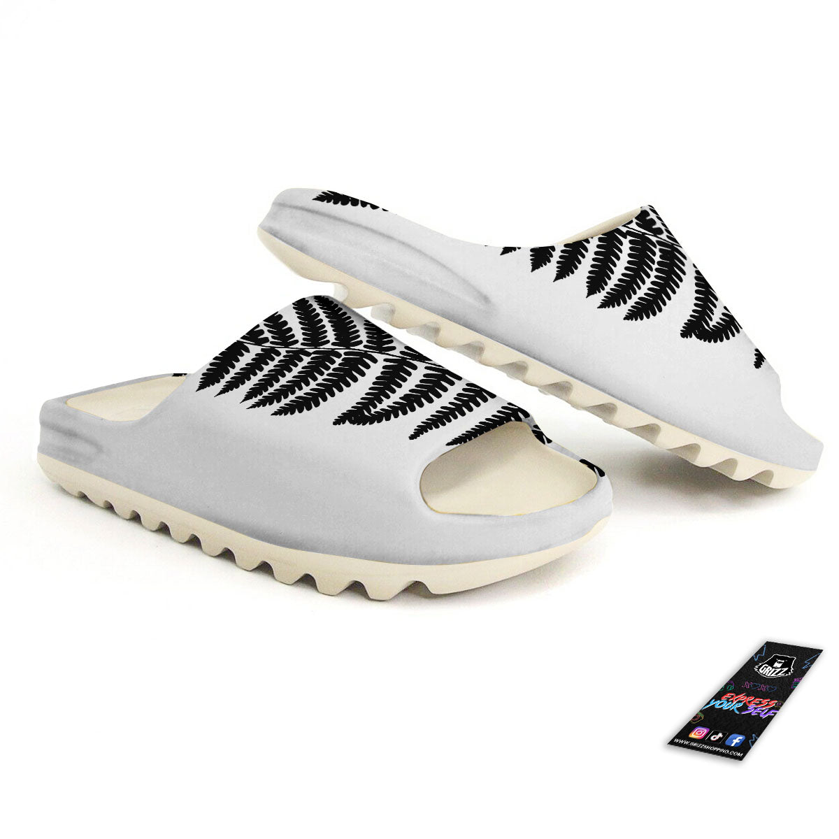 Fern Leaf White And Black Print Sandals-grizzshop