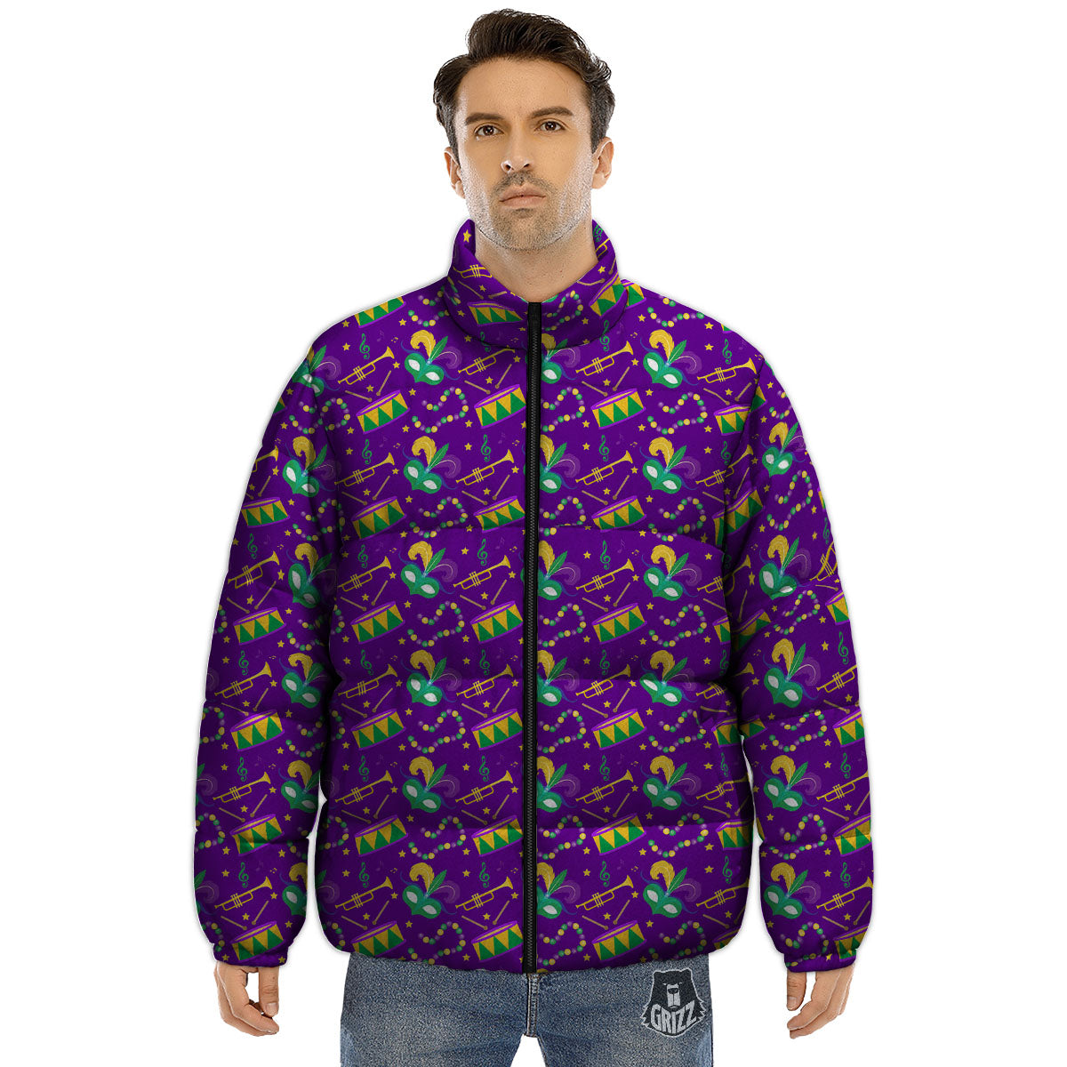 Festival Mardi Gras Print Pattern Puffer Jacket-grizzshop