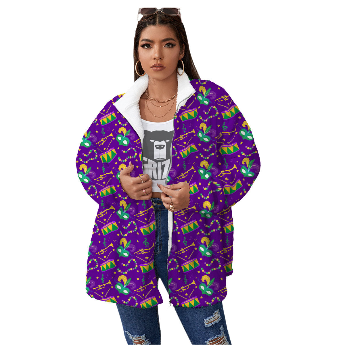 Festival Mardi Gras Print Pattern Women's Sherpa Jacket-grizzshop