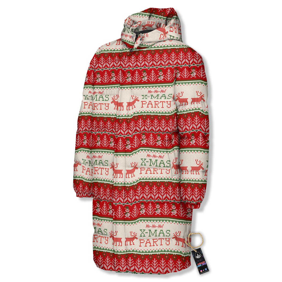 Festive Christmas Knitted Print Pattern Long Down Jacket-grizzshop