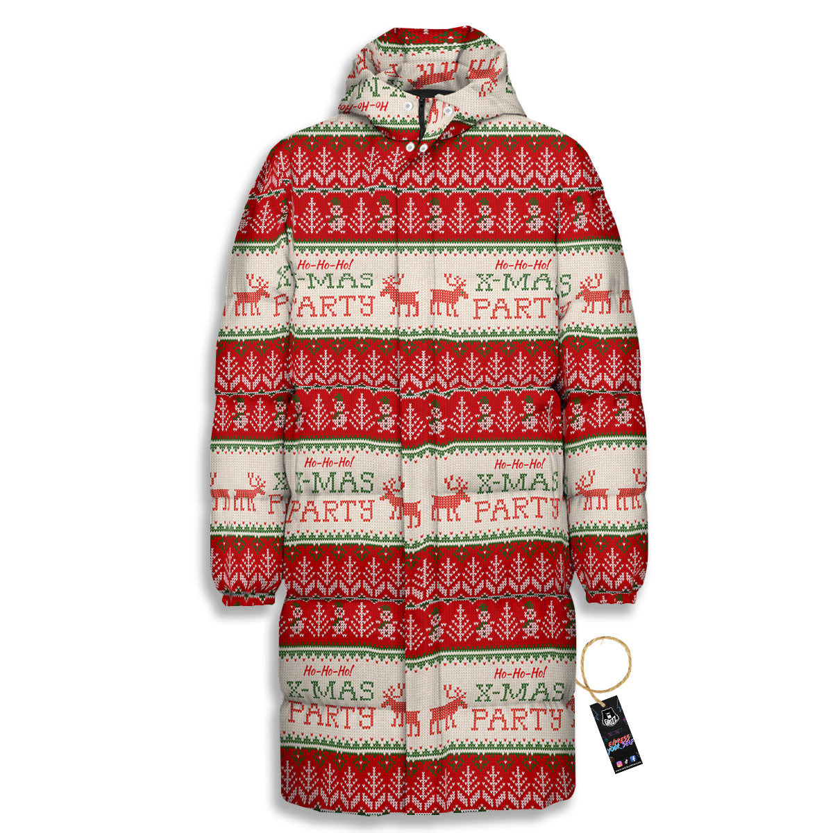 Festive Christmas Knitted Print Pattern Long Down Jacket-grizzshop